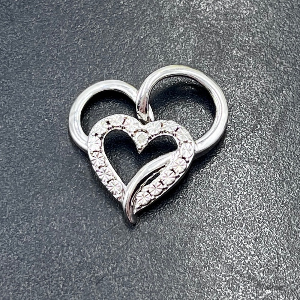 Designer Signed Sterling Silver Illusion Diamond Interlocking Heart Pendant